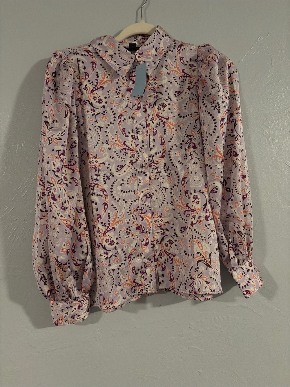 Ann Taylor Lavender Paisley Button-Front Blouse with Puff Sleeves